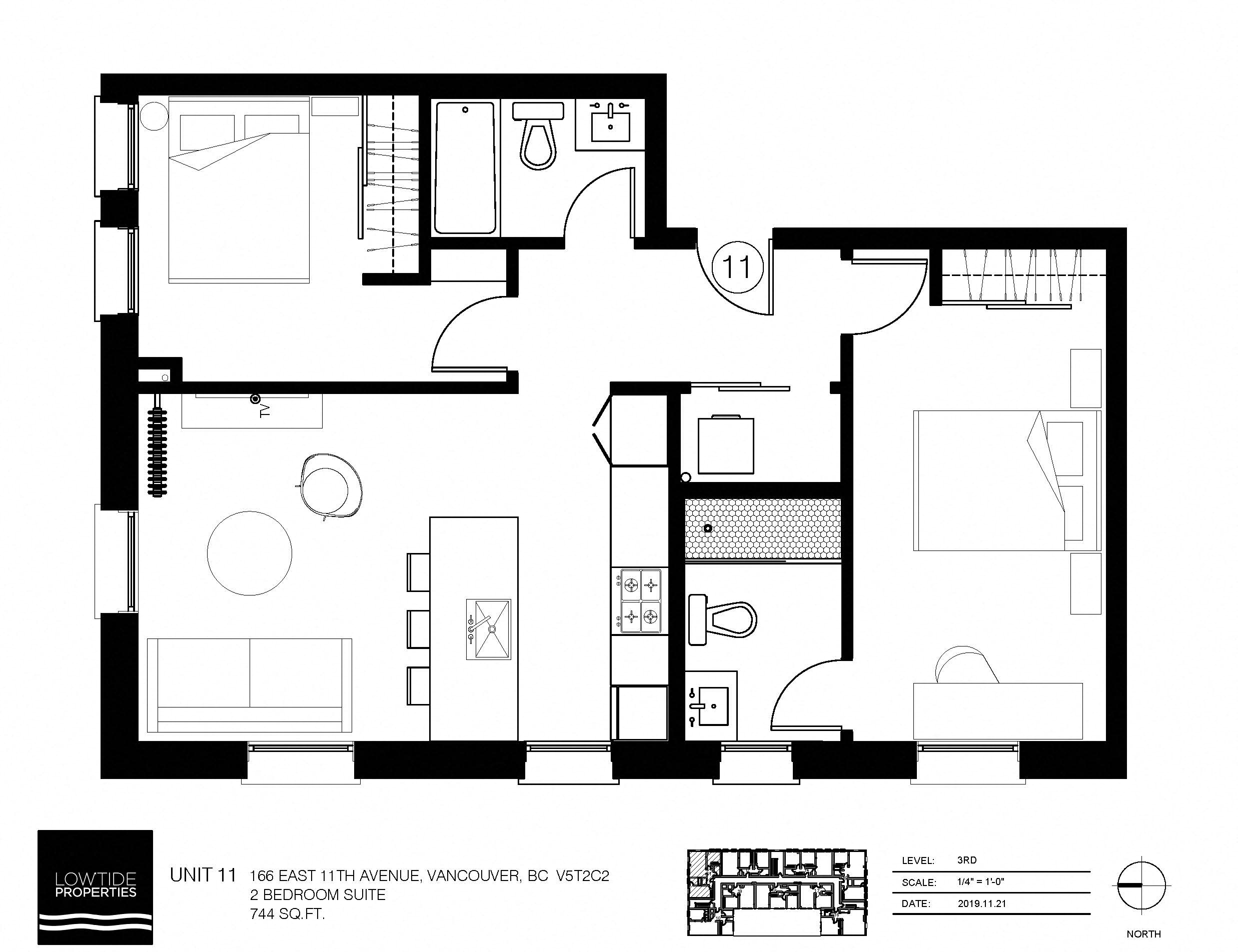 Floor plan for 2 beds, 2 baths, 744 sqft